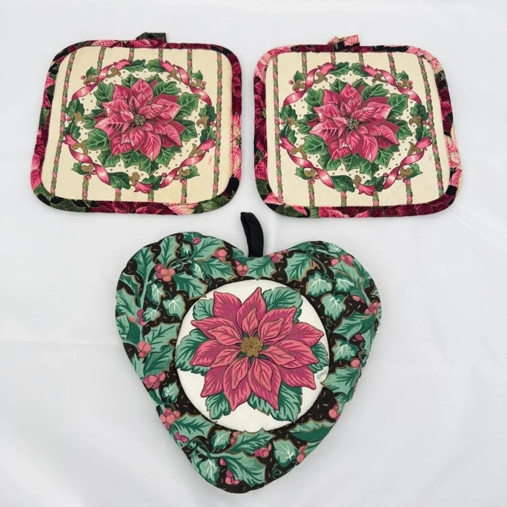 Poinsettia Cottage Country‎ Core Floral Pot Holder 3 Pc Christmas Kitchen Decor